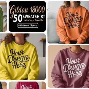 May include: A mockup bundle featuring Gildan 18000 sweatshirts in various colors, including green, orange, yellow, and burgundy. Each sweatshirt displays the text "Your Design Here" in a script font, ideal for showcasing custom designs.