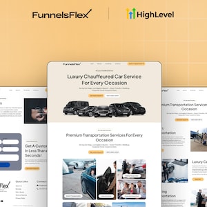 Puede incluir: Una maqueta digital de un sitio web de servicio de coches de lujo, que muestra varias páginas con texto e imágenes de vehículos. La marca del sitio web incluye los logotipos de FunnelsFlex y HighLevel.