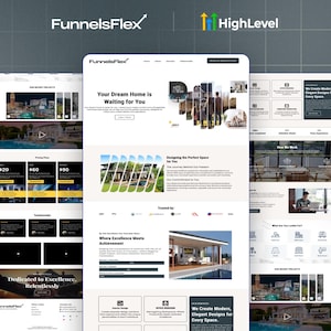 Puede incluir: Tres maquetas de sitios web que muestran servicios de diseño web. Los diseños presentan imágenes de casas modernas, planes de precios y el texto "Your Dream Home is Waiting for You". Los logotipos "FunnelsFlex" y "HighLevel" también son visibles.