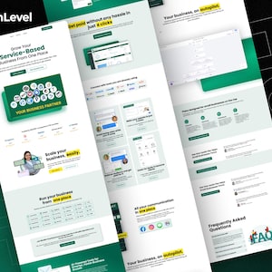 Może przedstawiać: Projekt strony internetowej marketingu cyfrowego w kolorach zielonym i białym. Strona promuje rozw&oacute;j firm usługowych, z tekstem "Rozwijaj sw&oacute;j biznes oparty na usługach z jednego miejsca" i "Tw&oacute;j partner biznesowy".