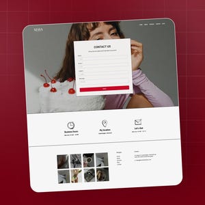 May include: A website interface on a tablet, featuring a contact form with fields for name, email, and message. The website includes a photo of a person and a cake with cherries. Icons for business hours, location, and chat are also visible.