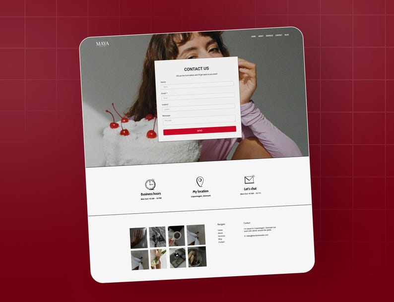 May include: A website interface on a tablet, featuring a contact form with fields for name, email, and message. The website includes a photo of a person and a cake with cherries. Icons for business hours, location, and chat are also visible.