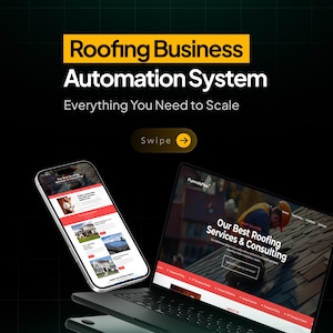 Puede incluir: Un gráfico de marketing digital con el texto "LEADSFLEX" en la parte superior. Las palabras "Roofing Business Automation System" están en letras grandes y en negrita. Un teléfono inteligente y una computadora portátil muestran un sitio web con servicios de techado.