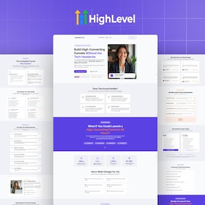 Könnte beinhalten: Ein Website-Design mit einem lila und weißen Farbschema. Der Text "HighLevel" steht oben, mit dem Slogan "Build High-Converting Funnels Without the Tech Headache". Das Website-Layout enthält Abschnitte mit Text und Bildern.