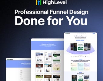 Może przedstawiać: Obraz przedstawia makiety projektów stron internetowych z tekstem "HighLevel" i "Professional Funnel Design Done for You". Projekty wykorzystują niebiesko-białą kolorystykę, z przykładami stron docelowych i lejów konwersji. Ogólnym tematem jest marketing cyfrowy i projektowanie stron internetowych.