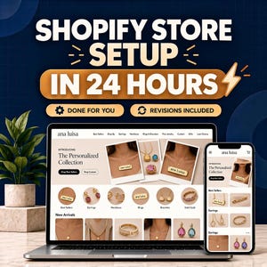 May include: A laptop and smartphone displaying the Ana Luisa jewellery website, featuring a personalised collection with necklaces, rings, and earrings. The background text reads Shopify Store Setup In 24 Hours, Done For You, and Revisions Included.