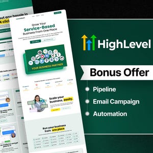Może przedstawiać: Strona internetowa marketingu cyfrowego w zielono-białej kolorystyce. Promuje rozw&oacute;j firm opartych na usługach z funkcjami takimi jak pipeline, kampanie e-mail i automatyzacja. Tekst zawiera "HighLevel" i "Bonus Offer".