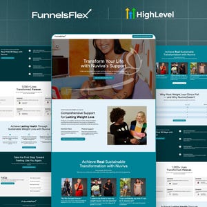 May include: A digital marketing image with the FunnelsFlex and HighLevel logos. The image showcases website mockups with teal and white designs. The text includes phrases like "Transform Your Life" and "Achieve Lasting Health."