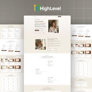 Puede incluir: Diseño de sitio web con el texto "HighLevel" y "Your Reliable Virtual Assistant for Stress-Free Business Growth." El diseño presenta una combinación de colores beige claro con imágenes y cuadros de texto.