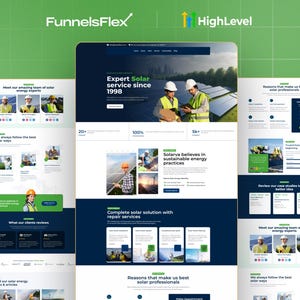 Pode incluir: Um design de site que apresenta serviços de energia solar. O design apresenta várias páginas com imagens de painéis solares e técnicos. O texto inclui "Expert Solar service since 1998" e "Complete solar solution with repair services."