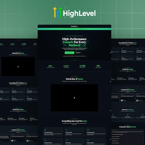 Könnte beinhalten: Webdesign mit dunkelgrünem und schwarzem Farbschema. Die Website zeigt den Text "HighLevel" mit einer nach oben zeigenden Pfeilgrafik. Der Inhalt der Website enthält den Text "High-Performance Funnels For Every Business."