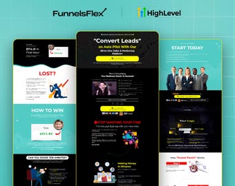 May include: A digital marketing presentation on a tablet, featuring the FunnelsFlex and HighLevel logos. The screen displays the text "Convert Leads" and "Start Today", along with various charts and graphics. The color scheme includes black, teal, and yellow.