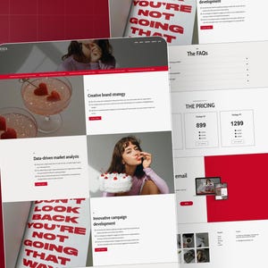 May include: A digital marketing website design with a red and white color scheme. The website features images of cocktails, cake, and a woman. Text includes "MAYA", "YOU'RE NOT GOING THAT WAY", and pricing information.