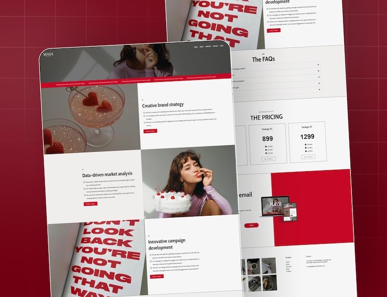 May include: A digital marketing website design with a red and white color scheme. The website features images of cocktails, cake, and a woman. Text includes "MAYA", "YOU'RE NOT GOING THAT WAY", and pricing information.