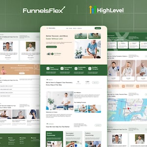 May include: Three website mockups with green and white designs. The websites feature images of people, text, and graphics. The FunnelsFlex and HighLevel logos are at the top. The websites are for a physiotherapy business.