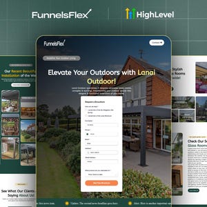 May include: A website design promoting outdoor living solutions, with the FunnelsFlex logo. The design includes a contact button, a form to request a brochure, and images showcasing outdoor spaces.
