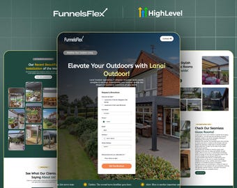 May include: A digital marketing website design with the FunnelsFlex logo at the top left and HighLevel logo at the top right. The website features a form to request a brochure and images of outdoor living spaces.