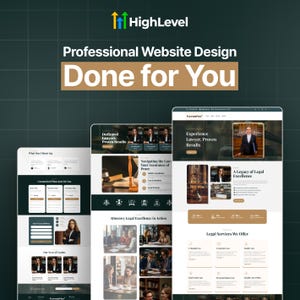 May include: An advertisement for HighLevel's website design services, featuring website mockups with a legal theme. The image includes text such as "Professional Website Design" and "Done for You", with examples of legal websites.