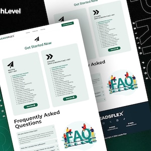 Może przedstawiać: Dwa ekrany cyfrowe wyświetlające stronę z cennikiem oprogramowania. Strona zawiera sekcje zatytułowane &bdquo;Get Started Now&rdquo; i &bdquo;Frequently Asked Questions&rdquo;. Projekt wykorzystuje zielono-białą kolorystykę z logo &bdquo;HighLevel&rdquo; u g&oacute;ry.