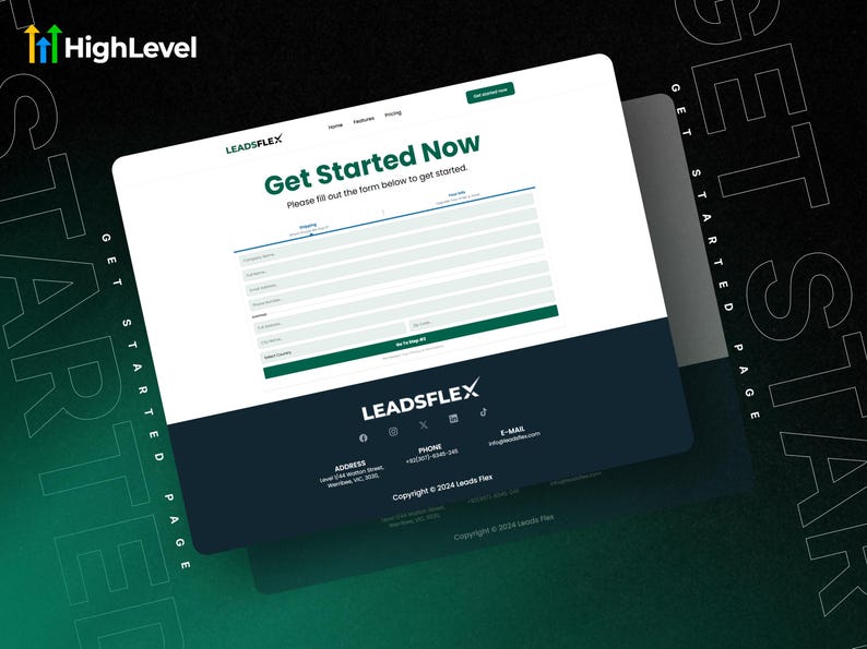 Może przedstawiać: Strona docelowa witryny z tekstem "Get Started Now" i formularzem do wprowadzania danych. Strona jest oznaczona logo "HighLevel" i "LEADSFLEX". Tło jest ciemne z zielonymi akcentami i słowami "GET STARTED PAGE".
