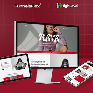 May include: A digital marketing and branding concept is displayed on a desktop computer, tablet, and smartphone. The computer screen shows a website with the name "MAYA". The background is a deep red with the logos "FunnelsFlex" and "HighLevel".