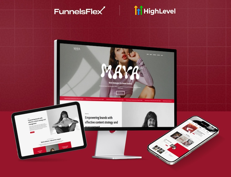 May include: A digital marketing and branding concept is displayed on a desktop computer, tablet, and smartphone. The computer screen shows a website with the name "MAYA". The background is a deep red with the logos "FunnelsFlex" and "HighLevel".