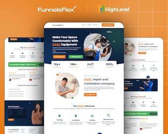 May include: A digital marketing advertisement for HVAC services. The image showcases website mockups with text like "Make Your Space Comfortable With HVAC Equipment" and "HVAC repair and installation company". The color scheme is orange and blue.