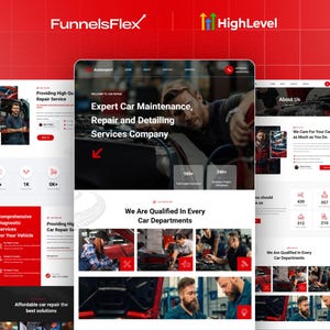 Puede incluir: Diseño web para servicios de reparación de automóviles, con una combinación de colores rojo y blanco. El sitio muestra el texto "Expert Car Maintenance, Repair and Detailing Services Company". Los logotipos de FunnelsFlex y HighLevel son visibles.