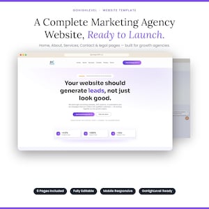 Puede incluir: Una plantilla de sitio web para agencia de marketing digital que presenta una sección principal con el texto Your website should generate leads, not just look good. El diseño incluye navegación, botones de llamada a la acción y métricas de rendimiento.