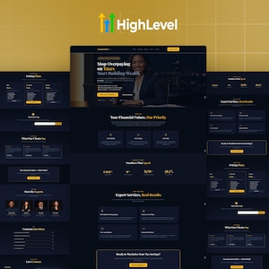 Puede incluir: Diseño de sitio web con un esquema de color azul oscuro y amarillo. El sitio web presenta el texto "HighLevel" y "Stop Overpaying on Taxes Start Building Wealth." El diseño incluye secciones para planes de precios y testimonios de clientes.