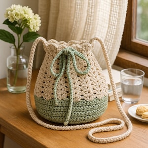 May include: A beige and green crochet bucket bag with a long strap. The bag features a scalloped top edge and a green drawstring closure. The bottom of the bag is green, and the strap is beige.