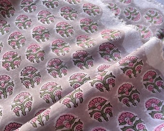 Floral Block Print Cotton Fabric, Handblock Sewing Material By The Yard
