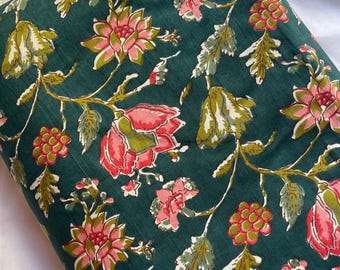 May include: A folded fabric with a dark teal background, featuring a repeating floral pattern. The flowers are primarily pink and white, with green and yellow-green leaves and stems. The fabric is likely cotton or a similar material.