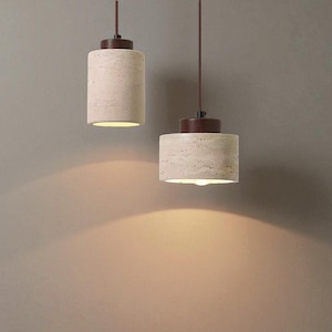Wabi Sabi Stone Pendant Light 12cm Japandi Cave Ceiling Lamp Yellow Travertine Style, Cord Hanging Bedside or Dining Room