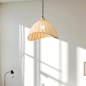 Wabi Sabi Pendant Light 35cm – Japandi Style Handmade Fabric Ceiling Lamp, Organic Dome Shape, Soft Warm Glow for Dining Room, Bedroom
