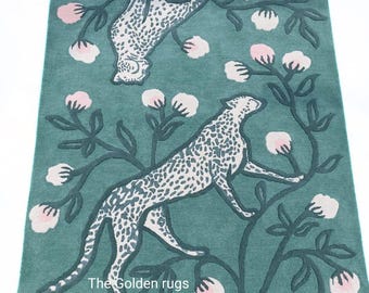 Hand Tufted Leopard Rug, Floral Jungle Area Rug, Green Botanical Carpet, Modern Animal Design Wool Rugs Decor