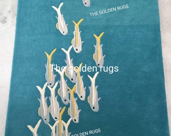 Handmade Blue Rug with Unique Fishng  Motif – Luxury Carpet for Coastal Homes, Modern Interiors Stylish Floor Decoration Fish Design Rug