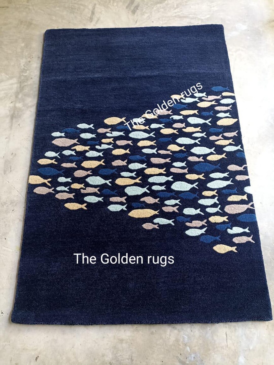 Fish Patterned Rugs Handmade Navy Blue Fish Pattern Rug | Ocean Theme Wool Carpet | Modern ...