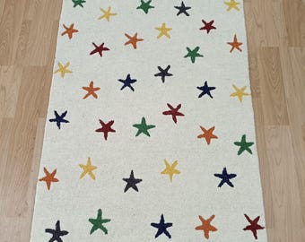 Colorful Star Rug, Ivory Area Rug, Modern Boho Carpet, Starburst Rug, Kids Room Decor, Nursery Rug, Living Room Handmade Floor Rug