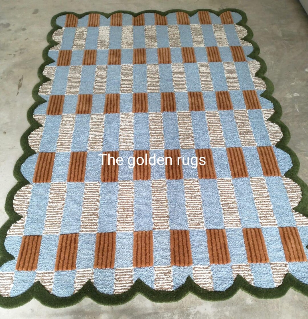Blue Checker Tufted Rug | Scalloped Edge Carpet | Modern Handmade Grid ...