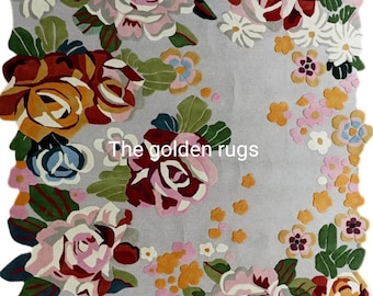 Colorful Floral Wool Rug, Handmade Vintage Flower Carpet, Elegant Living Room Area Rug any custom size The golden rugs