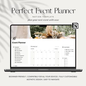 Op de afbeelding: Een laptop met een Notion evenementenplanner sjabloon. Het scherm toont een kalenderweergave en evenementdetails. De tekst bovenaan luidt "Perfect Event Planner" en "plan uw volgende evenement met gemak."