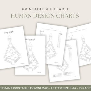 Op de afbeelding: Een verzameling afdrukbare en invulbare Human Design-kaarten. De kaarten zijn gedrukt op wit papier met grijze lijntekeningen en tekst. De tekst bevat "Body graph". Beschikbaar in Letter- en A4-formaat.