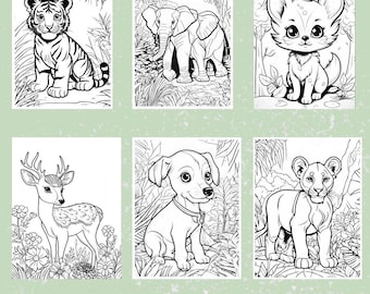 Printable Animals Coloring Book for Kids, Cute Zoo Safari Animal Worksheets, Toddler Preschool Activity Pages, Digital Download PDF