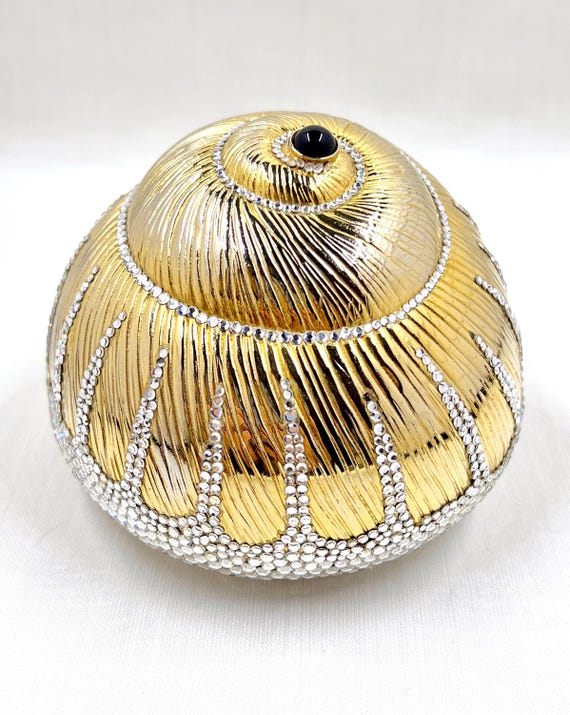JUDITH LEIBER Rare ‘Polymita’ Seashell Minaudiere Evening Bag, Swarovski Crystals, Tourmaline Cabachon, Original Box, Made in Italy, c. 1985