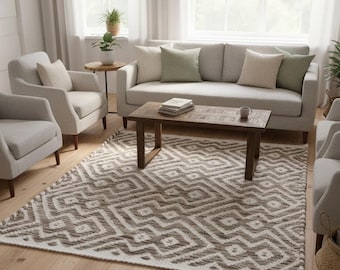 Hand Woven Wool Rug, Grey Ivory Herringbone Kilim, Modern Boho
