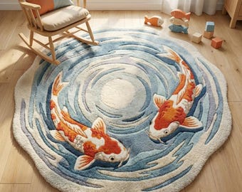 Hand Tufted Round Koi Fish Rug Blue Orange Decor