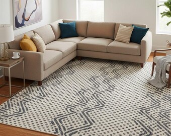 Hand Woven Wool Kilim Rug, Modern Geometric Flatweave, Boho Style