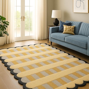 Scalloped Edge Striped Rug: Yellow, Gray, and Black Modern Floor Accent
