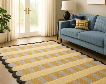 Tappeto a righe con bordo smerlato fatto a mano: tappeto moderno in misto lana con bordo ondulato unico, 7x10, giallo, grigio e nero.